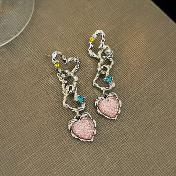 925 Silver Metal Heart Shape Earrings with Zirconia Clashing Color Girl Stud Fashion INS Style Sweet Summer - Image 3